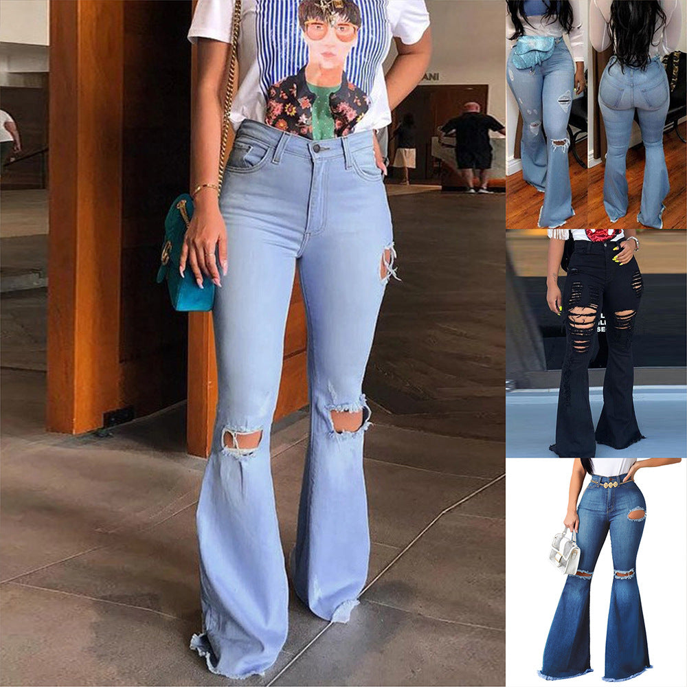 European and American style high waist retro stretch hole wide leg flared pants mopping pants