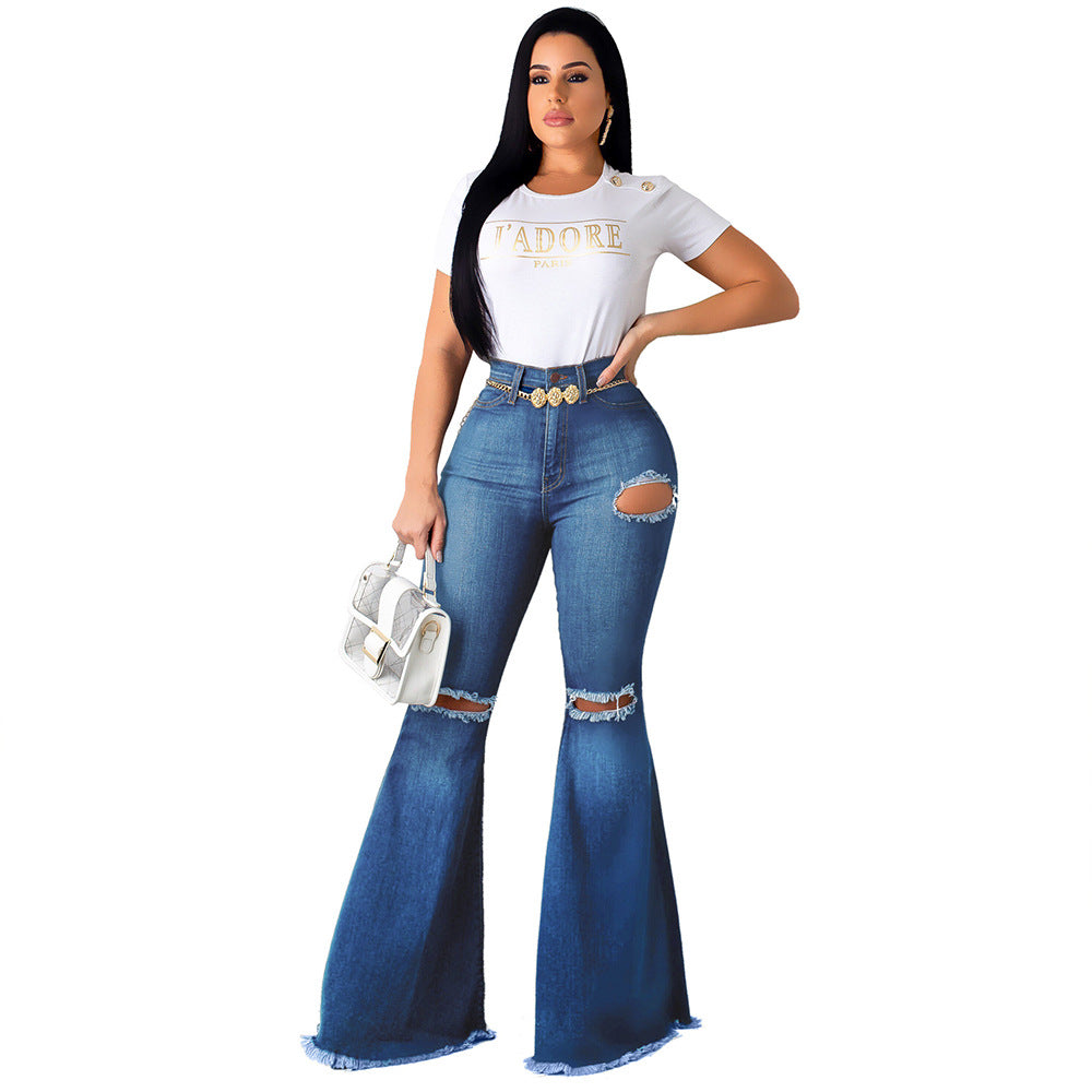 European and American style high waist retro stretch hole wide leg flared pants mopping pants