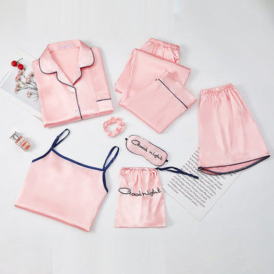 Hot style Korean imitation silk strawberry seven-piece pajamas women's long-sleeved sweet silk home service suit