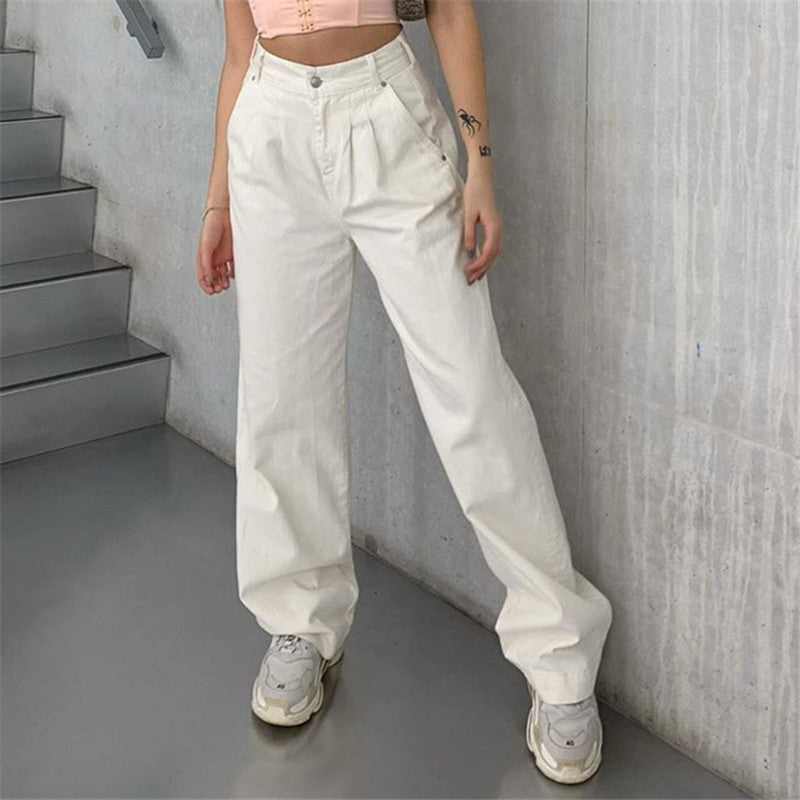 European and American fashion high waist loose slim straight casual pants street jeans