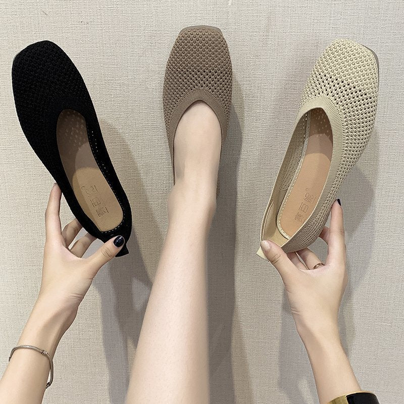 Korean square-toe flying woven hollow flat female peas shoes single shoes