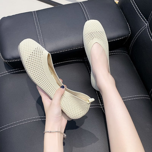 Korean square-toe flying woven hollow flat female peas shoes single shoes
