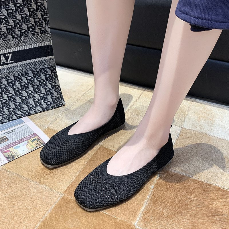 Korean square-toe flying woven hollow flat female peas shoes single shoes