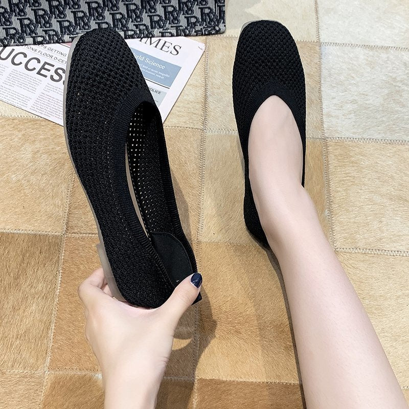 Korean square-toe flying woven hollow flat female peas shoes single shoes