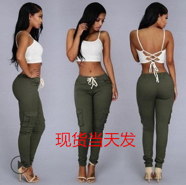 Europe and the United States hot selling women's multi-bag drawstring lacing casual pants