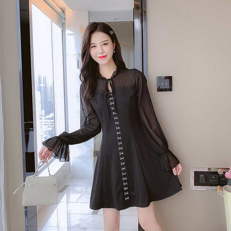 Foreign temperament thin black skirt small fragrant wind chiffon stitching long-sleeved dress