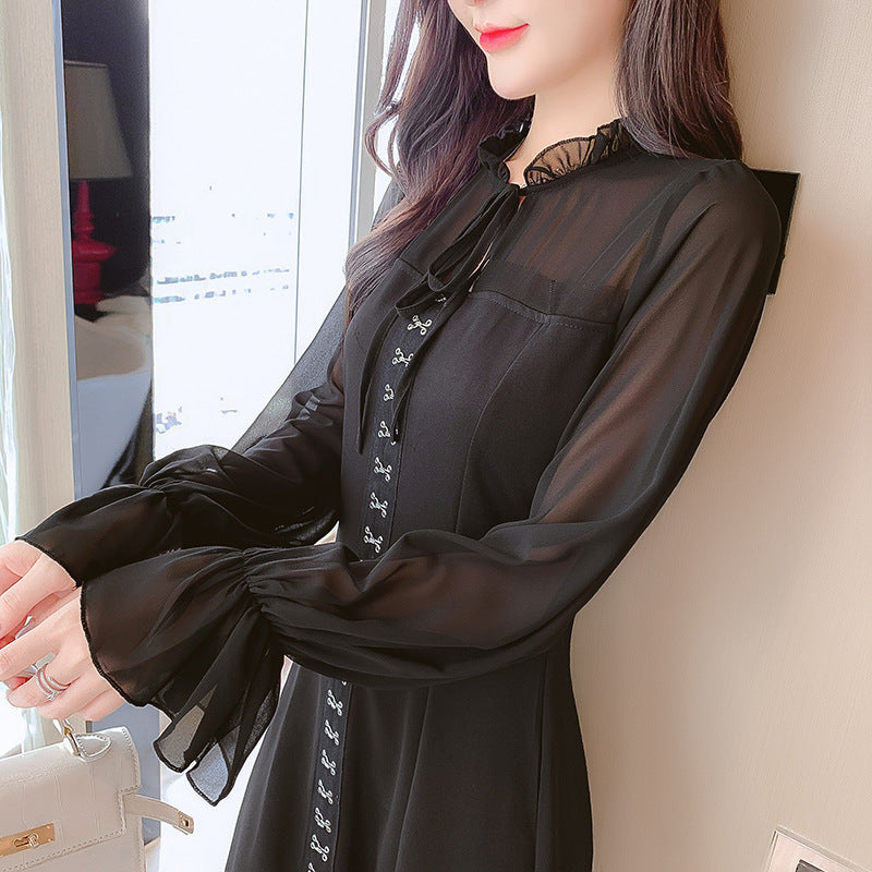 Foreign temperament thin black skirt small fragrant wind chiffon stitching long-sleeved dress