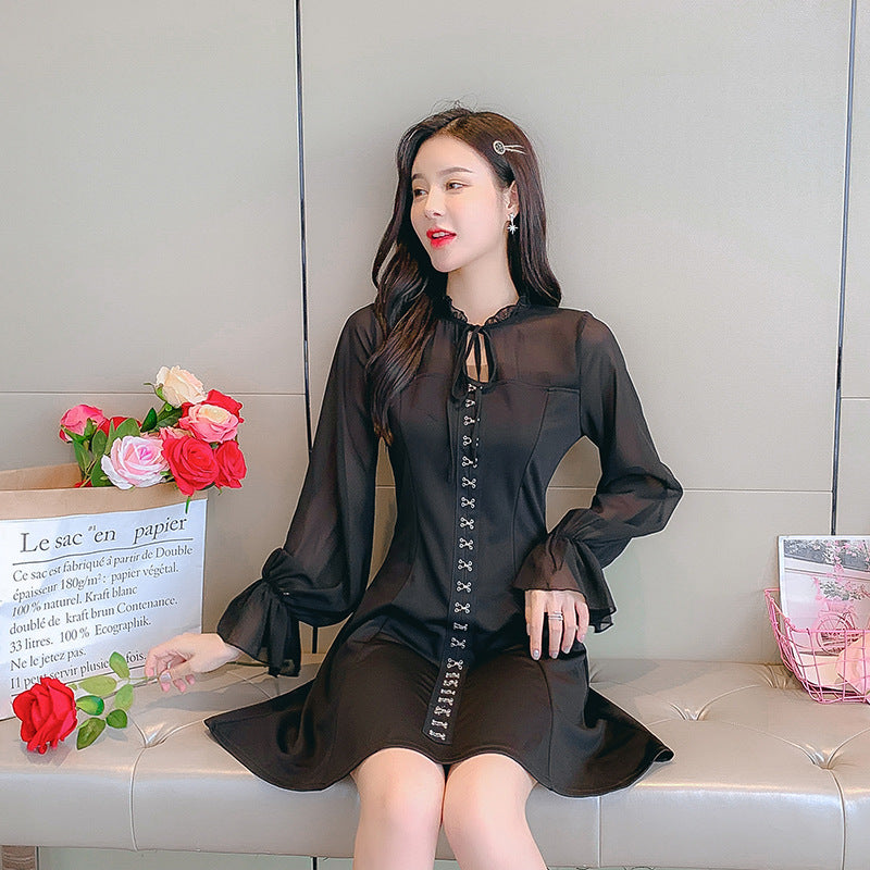 Foreign temperament thin black skirt small fragrant wind chiffon stitching long-sleeved dress