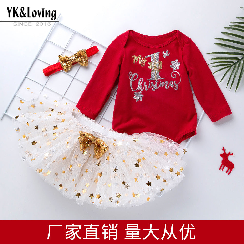 Christmas new children's clothing 0-2 years old baby long-sleeved printed romper crawler mesh tutu skirt wearing three-piece