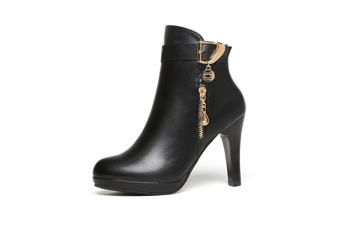 Stiletto heel round toe high-heeled ankle boots black all-match waterproof platform plus velvet fashion Martin boots