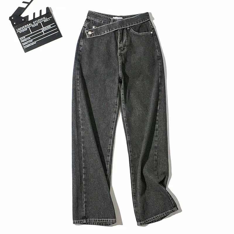 European and American women's jeans, diagonal belt wide-leg straight trousers casual pants