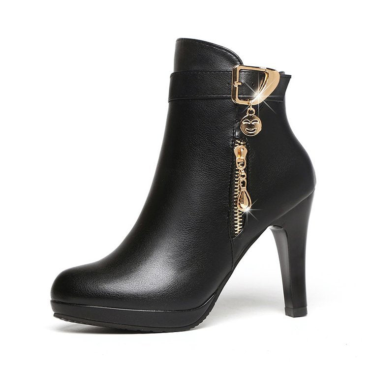 Stiletto heel round toe high-heeled ankle boots black all-match waterproof platform plus velvet fashion Martin boots