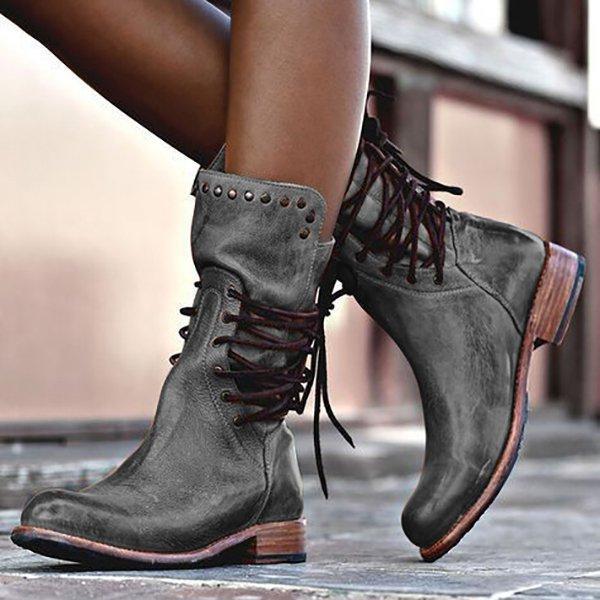 Cross-border low-heeled square heel short boots female rivets British mid-tube knight boots