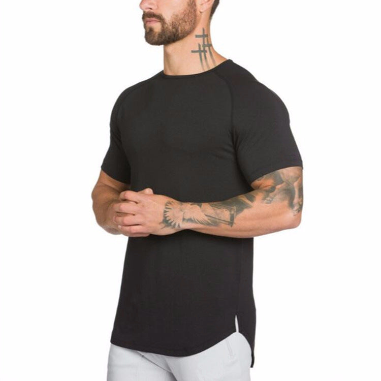 Solid color blank fitness men's long breathable sports T-shirt trendy men's slim summer bodybuilding short-sleeved