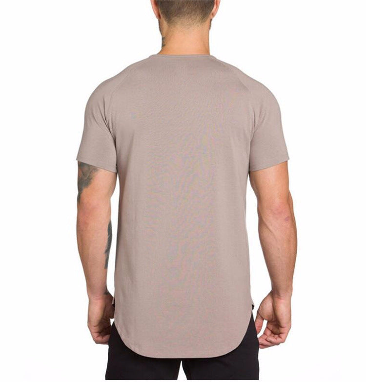 Solid color blank fitness men's long breathable sports T-shirt trendy men's slim summer bodybuilding short-sleeved