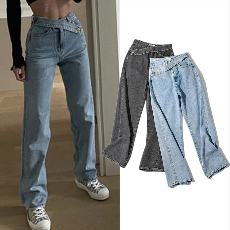 European and American women's jeans, diagonal belt wide-leg straight trousers casual pants