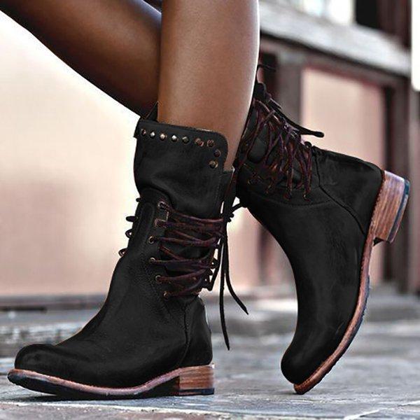 Cross-border low-heeled square heel short boots female rivets British mid-tube knight boots