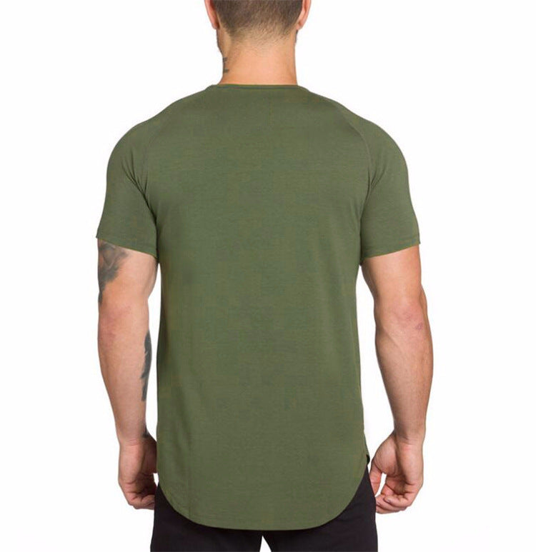 Solid color blank fitness men's long breathable sports T-shirt trendy men's slim summer bodybuilding short-sleeved