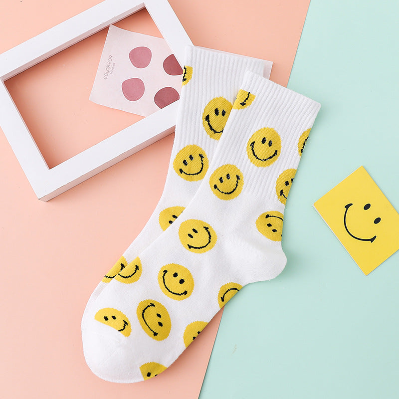 Smiley socks female ins wind tube socks autumn and winter new style cotton sports college fashion socks ladies stockings