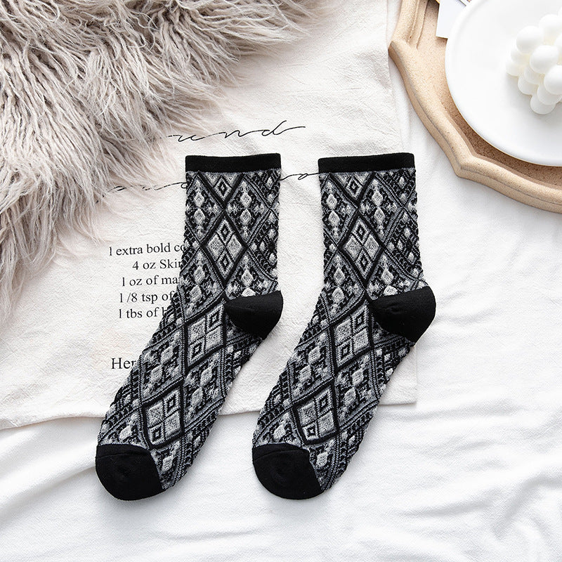 New women's socks retro printed dark flower ladies tube socks college style fashion cotton socks