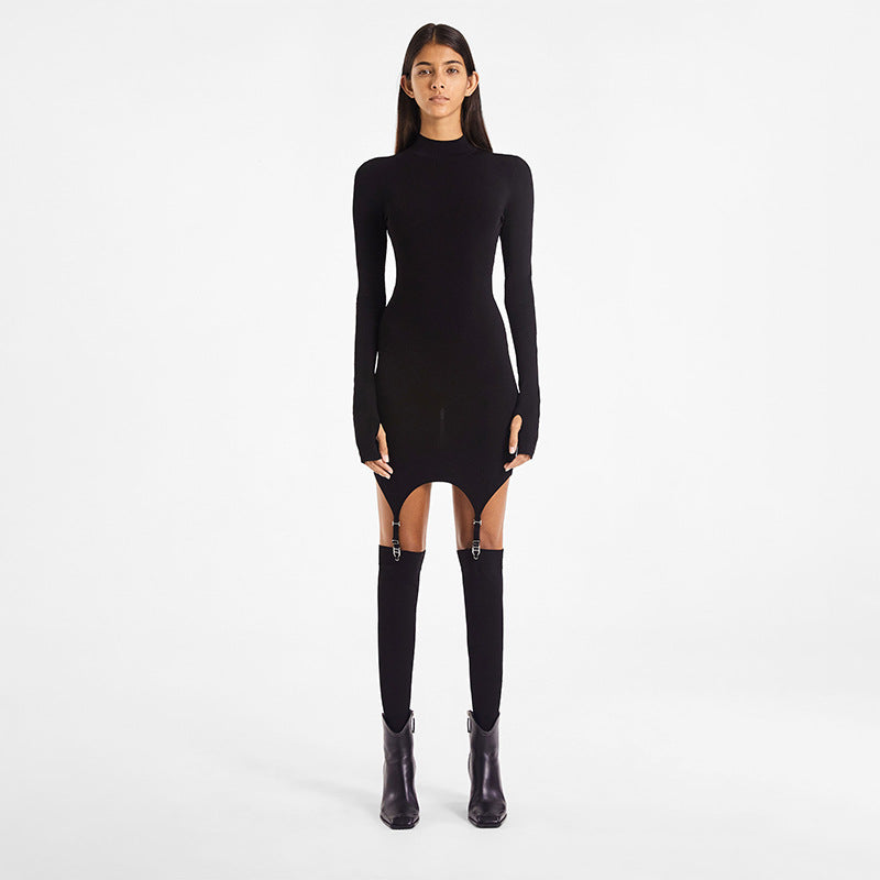 European and American new solid color long-sleeved high-neck slim fit hip sexy hook socks dress