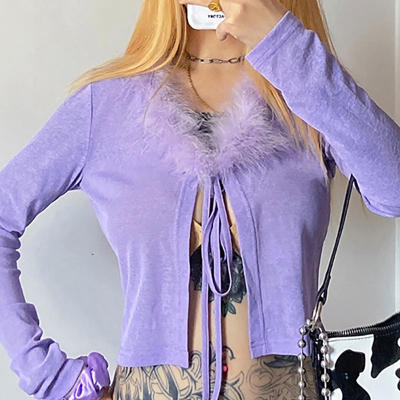 European and American style cross-border solid color fur collar long-sleeved tie cardigan shirt T-shirt