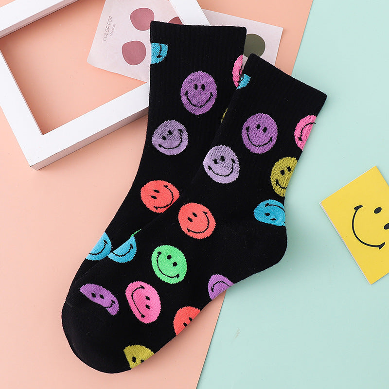 Smiley socks female ins wind tube socks autumn and winter new style cotton sports college fashion socks ladies stockings