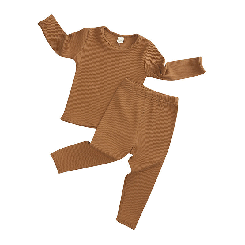 Pure Color Hanging Striped Cloth Baby Home Wear Children's Set Fall Winter New Pajamas Boys and Girls Set Children's Wear