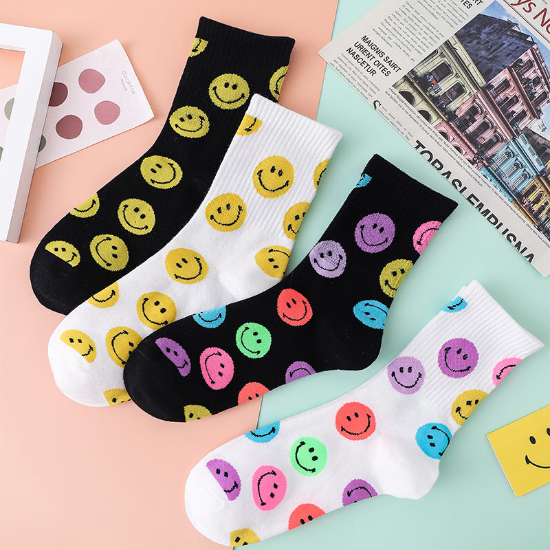 Smiley socks female ins wind tube socks autumn and winter new style cotton sports college fashion socks ladies stockings