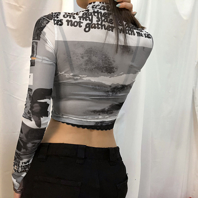 European and American style fashion printed half-high collar hollow crop top T-shirt