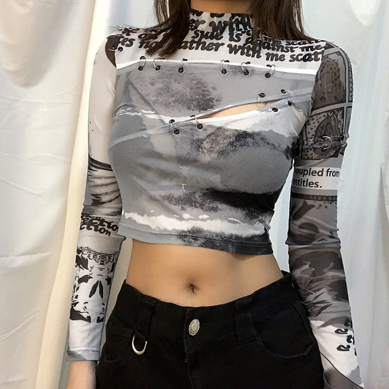 European and American style fashion printed half-high collar hollow crop top T-shirt