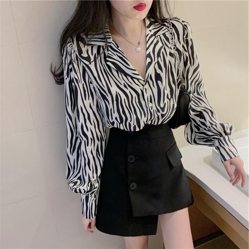 Net red fried street suit female Hong Kong flavor chic lapel loose zebra pattern long sleeve shirt high waist irregular skirt