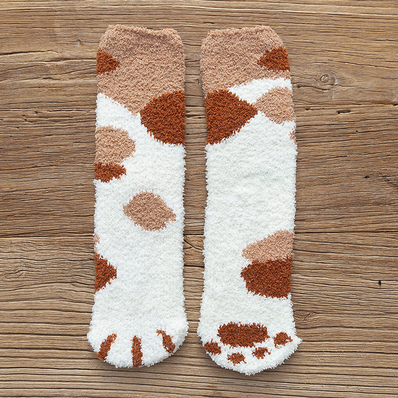 Thickened warm floor socks Coral fleece sleep socks Middle tube winter coral fleece cat paw socks