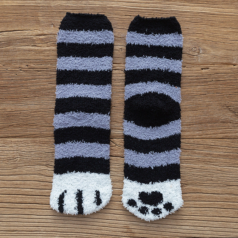 Thickened warm floor socks Coral fleece sleep socks Middle tube winter coral fleece cat paw socks