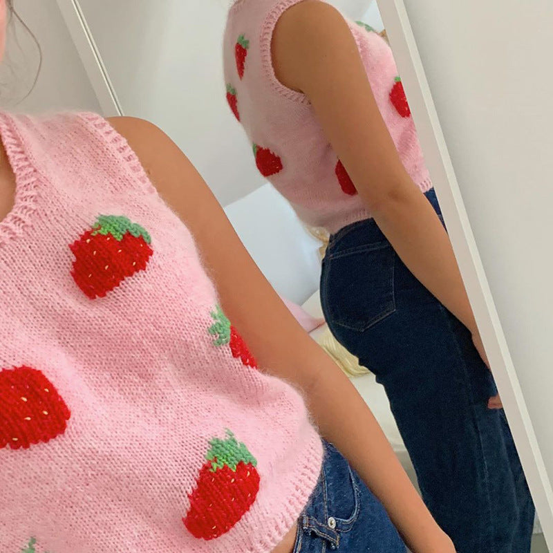 European and American sexy women's pink strawberry knitted outer sleeveless vest