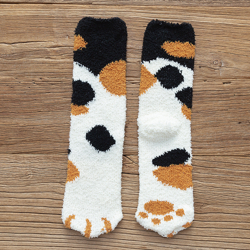 Thickened warm floor socks Coral fleece sleep socks Middle tube winter coral fleece cat paw socks