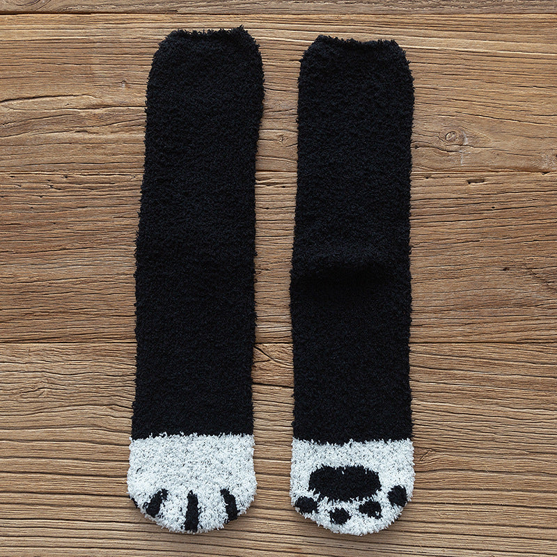 Thickened warm floor socks Coral fleece sleep socks Middle tube winter coral fleece cat paw socks