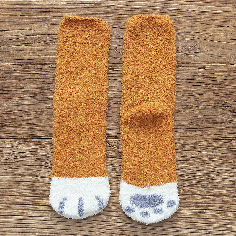 Thickened warm floor socks Coral fleece sleep socks Middle tube winter coral fleece cat paw socks