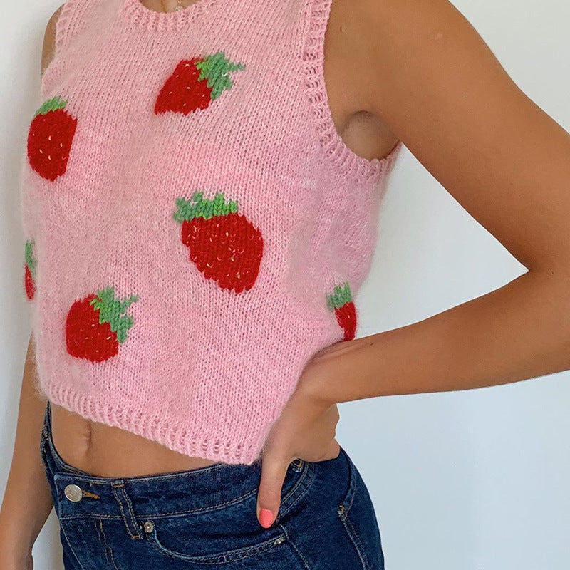 European and American sexy women's pink strawberry knitted outer sleeveless vest