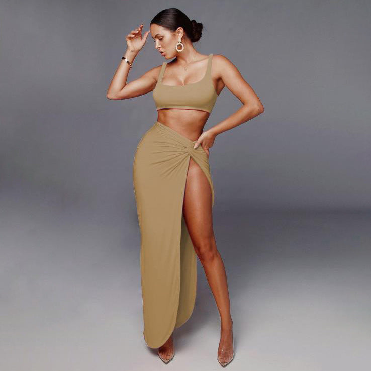 European and American sling tube top mid-length solid color high split two-piece long skirt