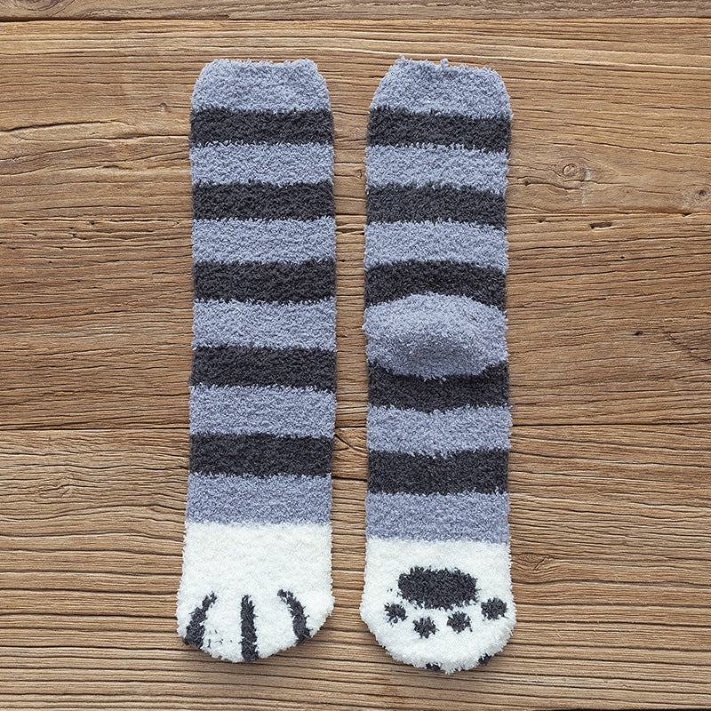 Thickened warm floor socks Coral fleece sleep socks Middle tube winter coral fleece cat paw socks