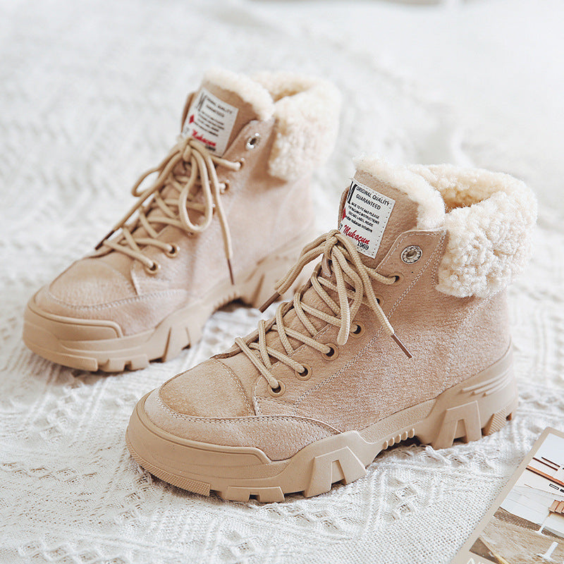 Snow boots female British style leather Martin boots female students plus velvet cotton shoes