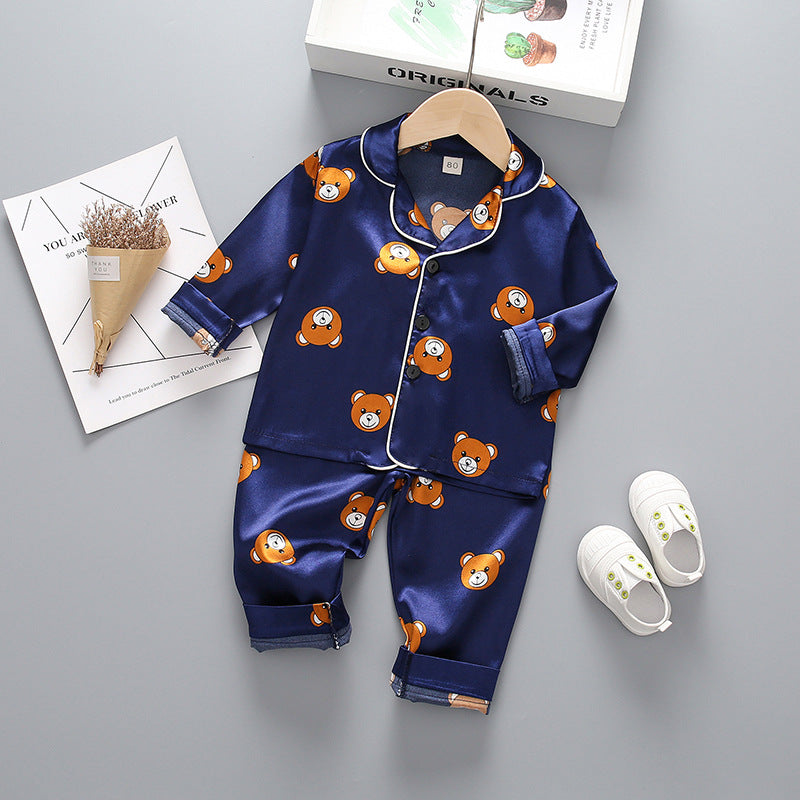 Children's long-sleeved lapel pajamas two-piece suit spring and autumn cartoon bear long-sleeved tops pants pajamas