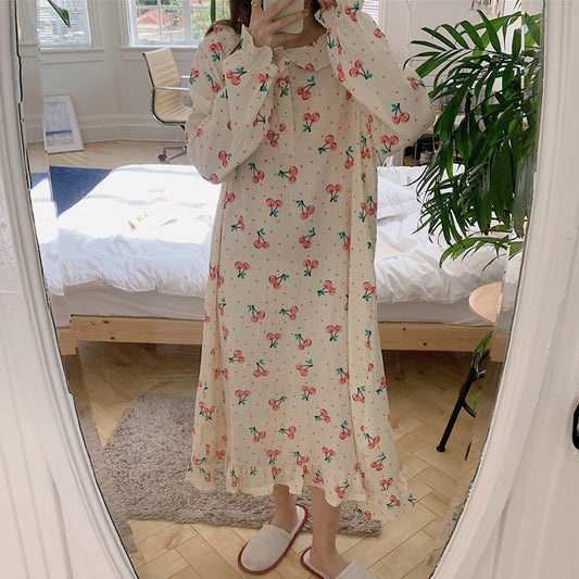 Cross-border foreign trade cherry print pajamas women new long-sleeved home service suit nightdress