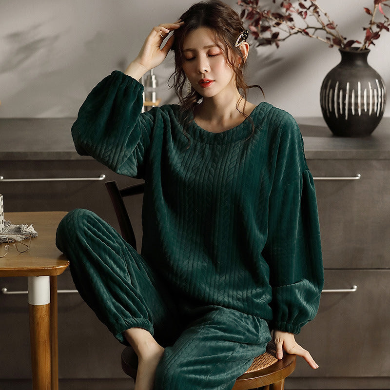 Pajamas women flannel thickening plus velvet coral fleece winter student loose plus size home service two-piece suit