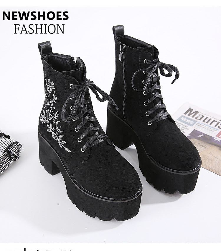 Side zipper short tube female boots waterproof platform round toe thick bottom high heel lace-up ankle boots