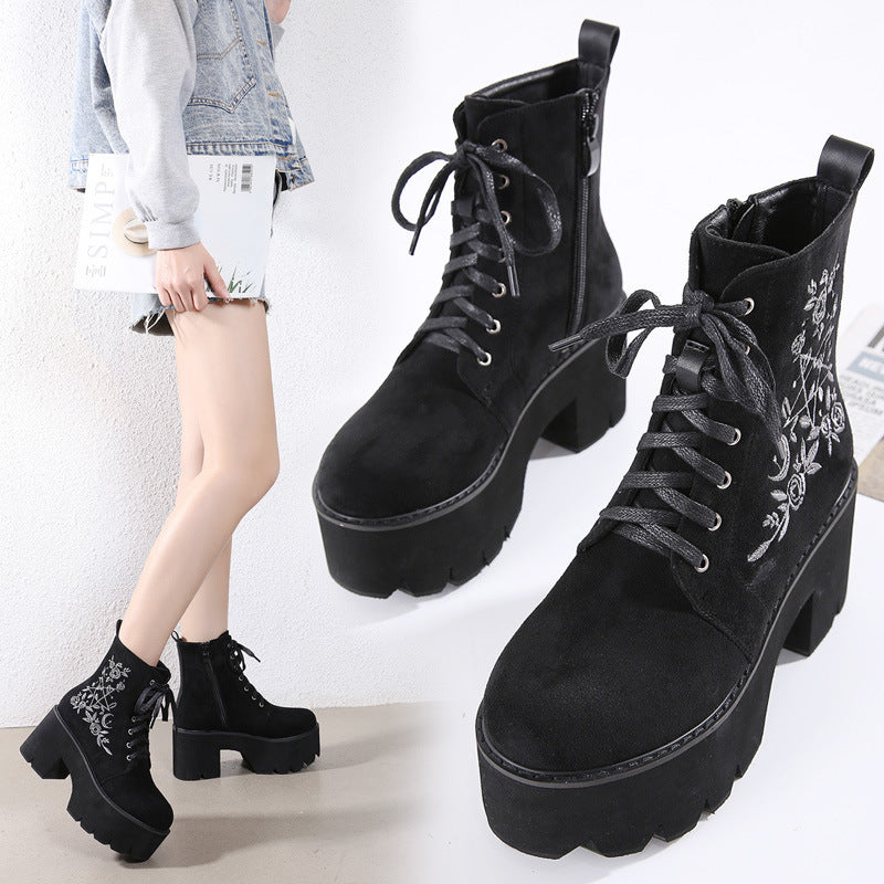 Side zipper short tube female boots waterproof platform round toe thick bottom high heel lace-up ankle boots