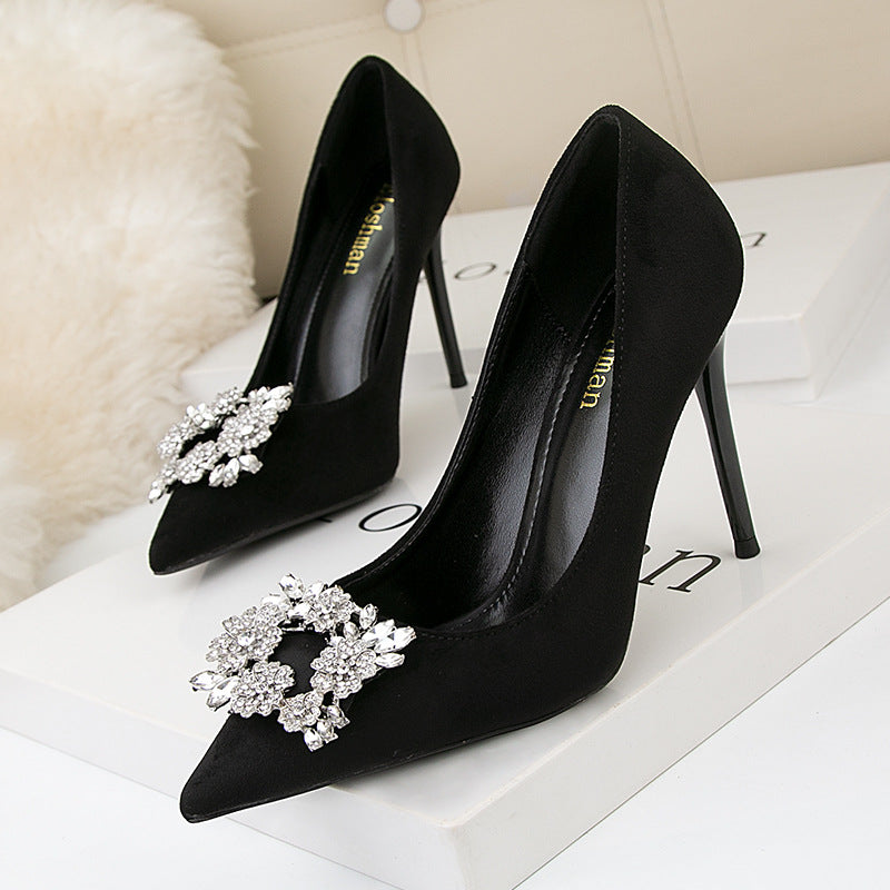 Korean fashion professional stiletto suede shallow mouth pointy sexy thin banquet high-heeled shoes