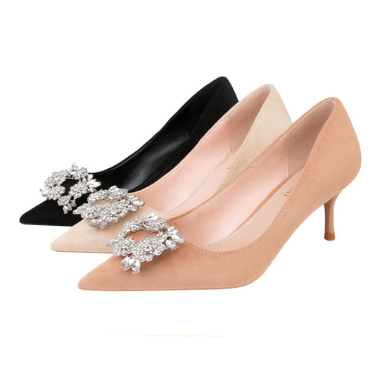 Korean fashion professional stiletto suede shallow mouth pointy sexy thin banquet high-heeled shoes