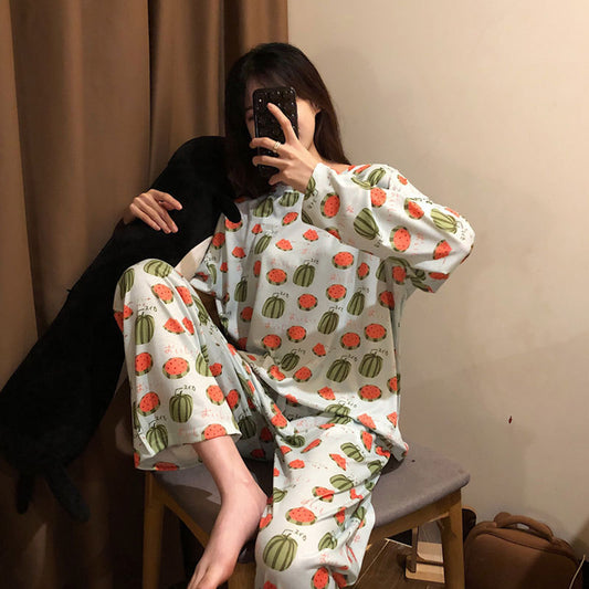 Long-sleeved pajamas women's thin student cartoon watermelon home ladies home service two-piece
